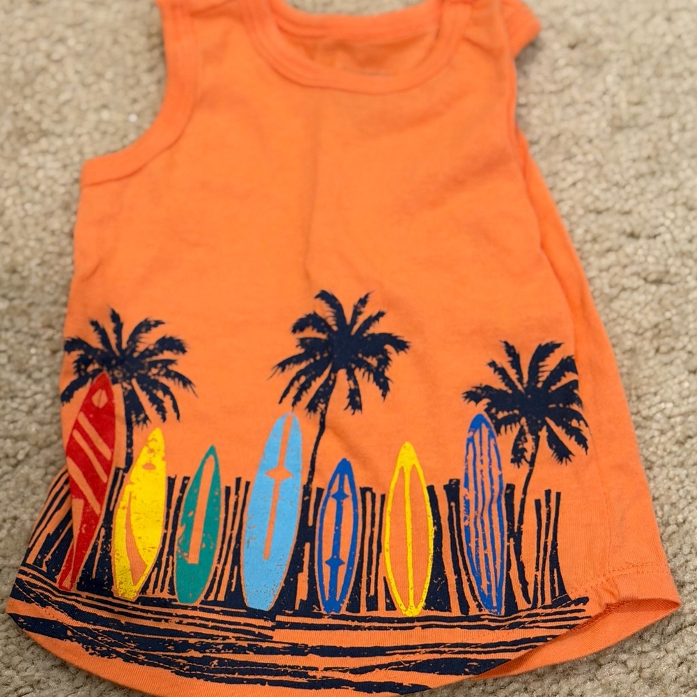 First Impressions Orange Surfboard and Palm Tree Tank Top